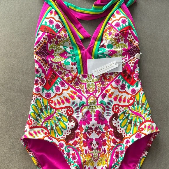 Trina Turk Pink and Green Patterned Swimsuit - Picture 1 of 8